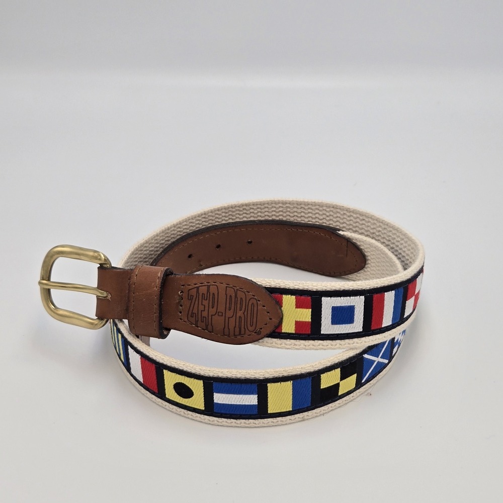 ZEP‎ PRO Leather Canvas BELT Nautical Flags Tan Brass Buckle Size 32 Mens Preppy